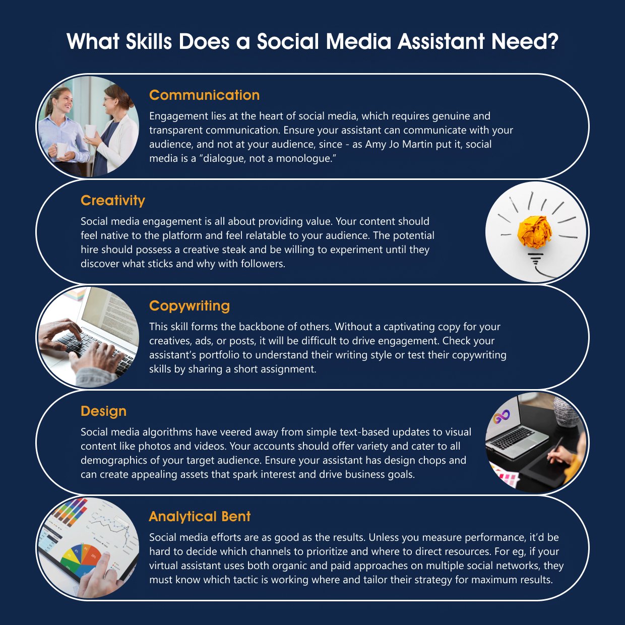 Five core skills that a social media virtual assistant needs to succeed in their role.