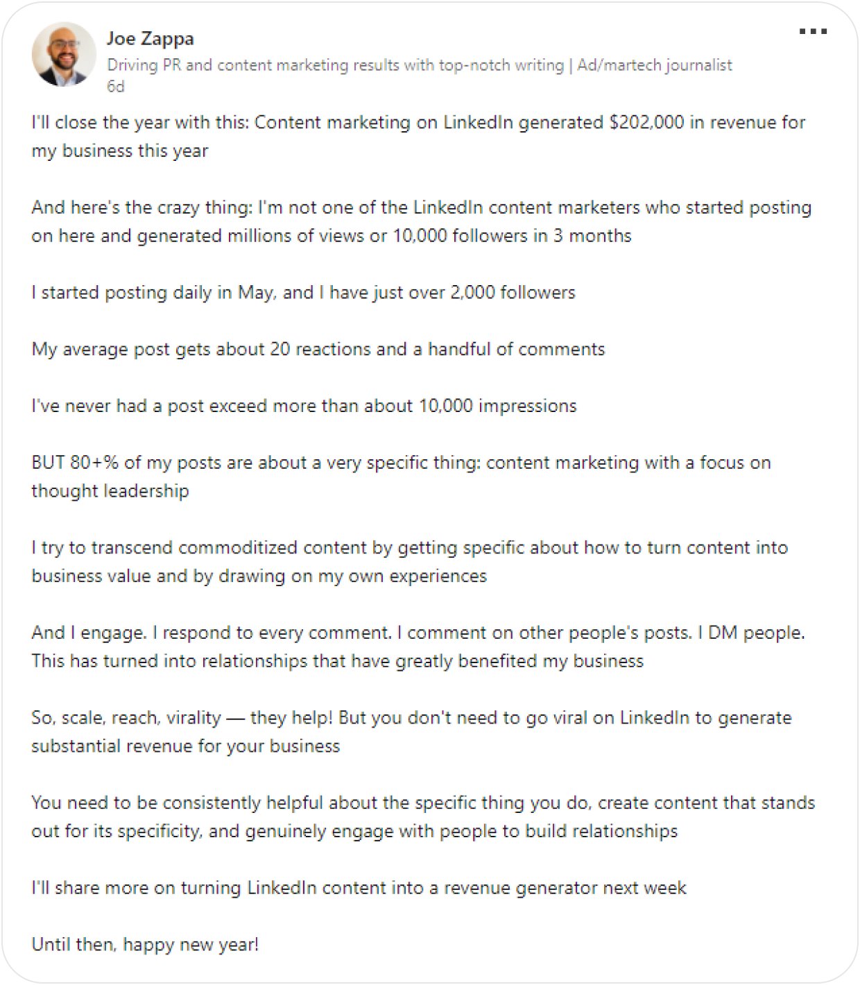 Joe Zappa's LinkedIn post on how social media marketing brought him over $200K in revenue.
