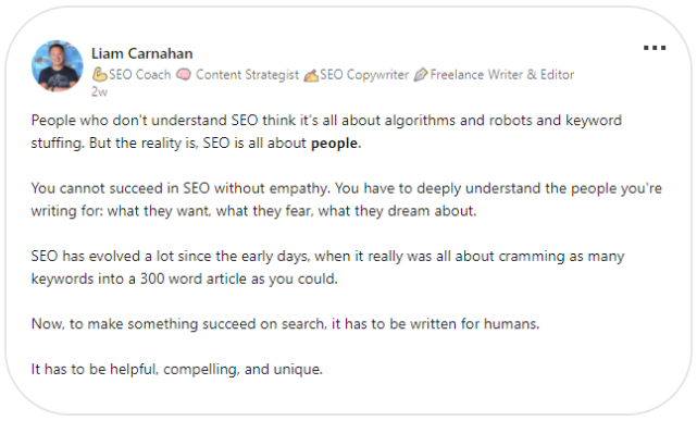 Liam Carnahan's LinkedIn post on what SEO means